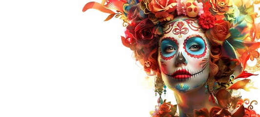 Woman with Day of the Dead skull makeup. Lady with Dia de los Muertos face paint. White background. Concept of Mexican culture, holiday celebration, Halloween. Copy space. Banner