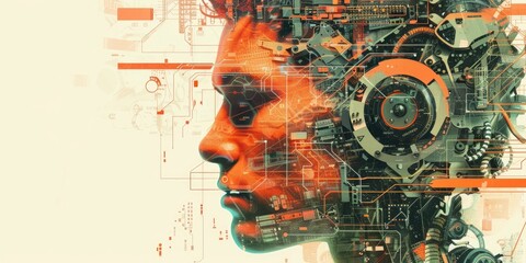 The image shows a woman's face with a red and green circuit board pattern overlay. She is looking to the right of the frame. The image is set against a white background.