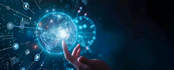 
Digital technology concept, hand touching digital hologram of globe with icons and graphs on background, dark blue gradient background