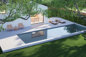 Aerial view of modern small stylish white house with concrete tile swimming pool, 3d render