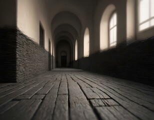 The interior of the old place with streams of light coming in through the windows and a long corridor, its pathway paved with stones