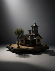 Decorative model of a church with a tree in its garden