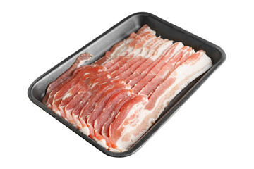 Raw pork bacon in black plastic pack isolated on white, transparent background. Streaky brisket slices, fresh thin sliced bacon, food ingredient