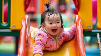 cute Japanese baby girl sliding down the slide at an outdoor playground with happy face