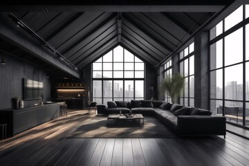 Black loft with large skylight on the roof with natural sun lighting, luxury apartment design