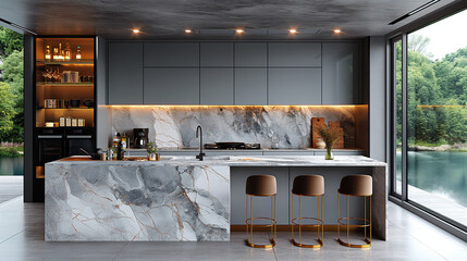3D rendering of a modern kitchen with a grey marble island and golden barstools in front of a window overlooking a lake. Dark gray cabinets illuminated by warm lighting. Modern interior design