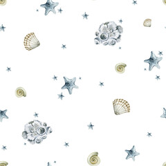 Watercolor seamless sea pattern. Endless pattern with underwater world, ocean shells, seastar, corals. Undersea nursery background. Cute baby pattern for fabric, clothing, textiles