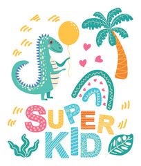 Super star, super kid. Scandinavian hand drawn illustration with dinosaur, dragon. Children's poster, poster, pajamas.