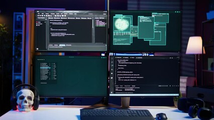 Code running on monitors in empty apartment used by hacker stealing state secrets from another countries. Malicious scripts on PC screens used by spy infiltrating governments