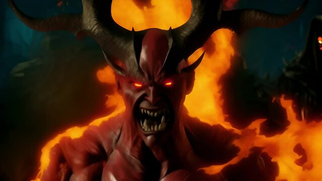 fearsome red demon with glowing eyes, large horns, and a fiery backdrop, perfect for horror themes and dark fantasy concepts