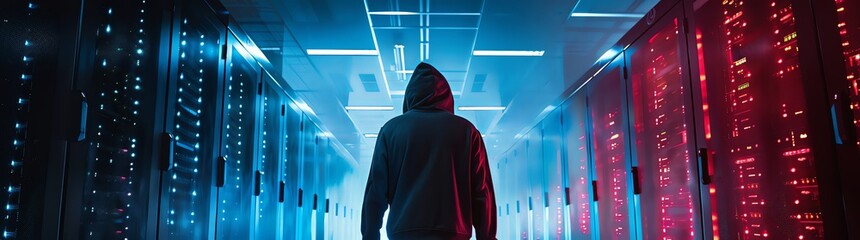 A hacker in a hoodie walking through the server room, a wide shot, epic and cinematic in the style of a movie still with a cyberpunk style, light blue and dark red color grading, high resolution photo