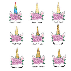 Set Cute unicorn with floral wreath and gold glitter horn. Vector hand drawn illustration.