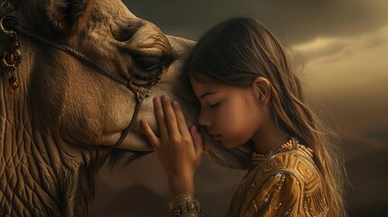A serene moment as a young girl gently connects with a camel at sunset, depicting a bond of trust and companionship in a desert landscape.