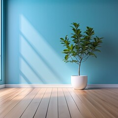 Minimalist-style room bathed in soft daylight, featuring a serene blue wall contrasting with warm wooden flooring. A white potted plant adds a touch of natural elegance
