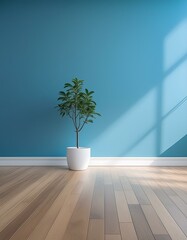 Minimalist-style room bathed in soft daylight, featuring a serene blue wall contrasting with warm wooden flooring. A white potted plant adds a touch of natural elegance