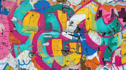 Naklejka premium Colorful Graffiti Art Pattern on Weathered Concrete Wall: Urban Street Art