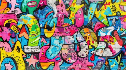 Urban Street Art: Seamless Pattern of Vibrant Graffiti on Weathered Wall
