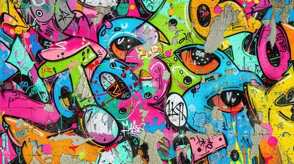 Fototapeta premium Urban Street Art: Seamless Pattern of Vibrant Graffiti on Weathered Wall
