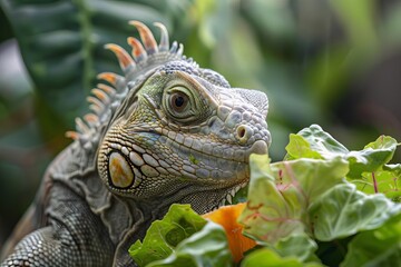 Fototapeta premium Close-up of a green iguana eating leafy greens with a colorful background. Perfect for nature and wildlife photography collections.