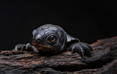 Close-up of a realistic black turtle sculpture on a wooden log with a dark background, showcasing intricate details and craftsmanship.