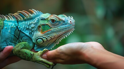 Fototapeta premium Close-up of a vibrant green iguana being held gently by human hands, showcasing a unique bond between reptile and human.