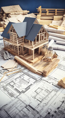 Building house on blueprints - construction project