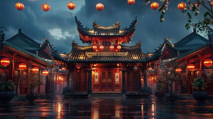 traditional chinese temple at night realistic