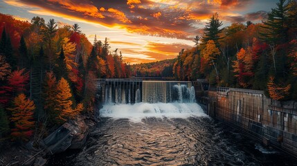 Beautiful autumn landscape with colorful trees and beautiful sunset sky behind the dam on river in full flow, waterfall on a small artificial Three workout over which water flows from one to three. La