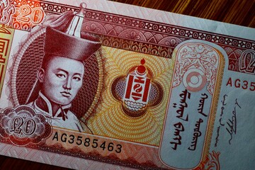 Mongolian tögrög type banknote currency. Portrait of  Damdin Sükhbaatar