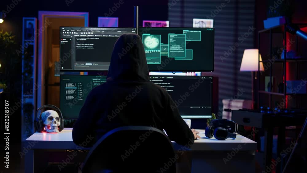 Poster lone wolf hacker in secret hideout trying to hide online activity after stealing data. cybercriminal
