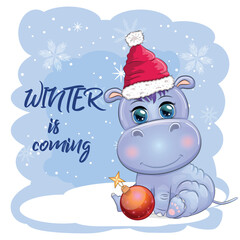Cute cartoon hippo in Santa hat with gift, Christmas ball and candy cane. New Year and Christmas holiday