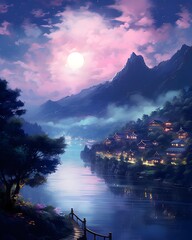Digital painting of a lake and a village in the mountains at night