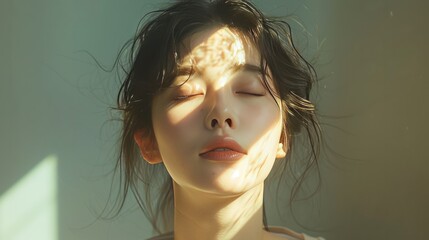 Korean woman basking in the soft sunlight The image emphasizes her eyes closed with a calm expression. With a smile on your lips Natural light creates subtle shadows. emphasizing her quiet beauty