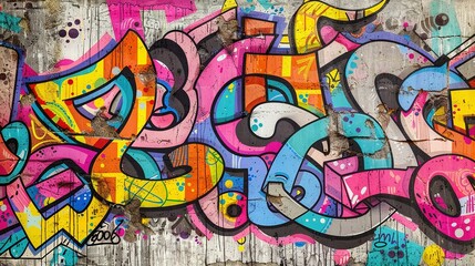 Weathered Concrete Wall with Vibrant Graffiti: Seamless Urban Art Pattern