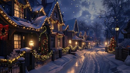 Traditional houses decorated with christmas garlands and lights at evening. realistic
