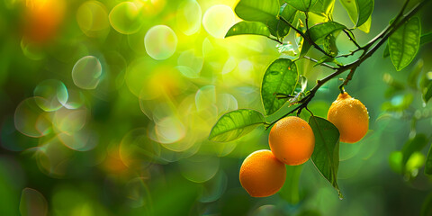 Close-up of fresh oranges hanging from a leafy branch against a vibrant, sunlit bokeh background,...