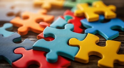 Obraz premium Colorful puzzle pieces on the table, symbolizing diverse elements coming together to form one complete picture. Business collaboration and strategic concept. generative AI