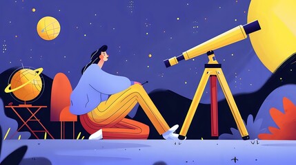 Naklejka premium Serene Woman Absorbed in Celestial Exploration