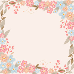 Ozdobna ramka z niezapominajkami. Kwiatowy wianek, botaniczne tło na kartki z życzeniami do wykorzystania na Dzień Matki, wesele, rocznice, zaproszenia ślubne.