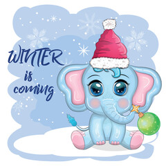 Cute cartoon elephant, childish character with beautiful eyes wearing santa hat, scarf, holding gift, christmas ball or candy cane. The concept of the holiday of Christmas and New Year