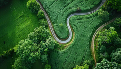 An aerial view of a winding road through lush green fields. Generated by AI.