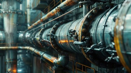 Energy industry with oil and gas pipelines construction, factory background.