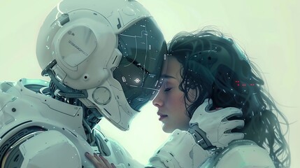 love between a humanoid and a human, futuristic, digital, white, minimalism, tender moment