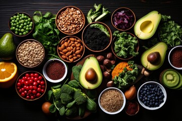 Fresh organic vegetables, colorful peppers, crisp cucumbers, and leafy greens, with ripe fruits, nuts, whole grains on dark wooden background, inspiring balanced diet and healthy eating lifestyle. - Powered by Adobe