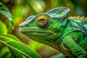 Fototapeta premium A close-up view reveals a green-colored chameleon in its natural habitat, blending seamlessly with the lush surroundings and showcasing its remarkable camouflage abilities