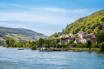 View of Trechtingshausen town on bank of Rhine River in Rhineland-Palatinate, Germany. Rhine valley...