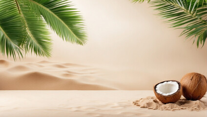 Fototapeta premium Empty sand beach for product display with coconut leaves, backdrop with copy space