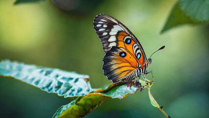 Butterfly with closed wings perched on a leaf 16:9 with copy space