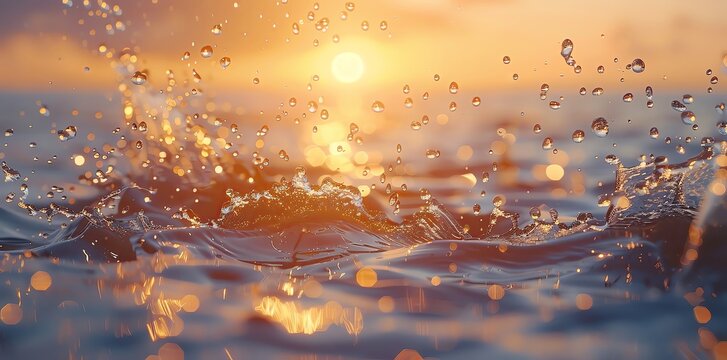 Water splashes in the air against the background of sunset, a beautiful natural landscape. Many water drops and splashes are shown close up. Realistic illustration in the style of High resolution phot