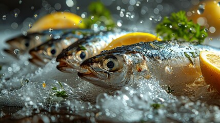 Sensational Sardine Showcase: Commercial Photography with Floating Sardines and Water Droplets